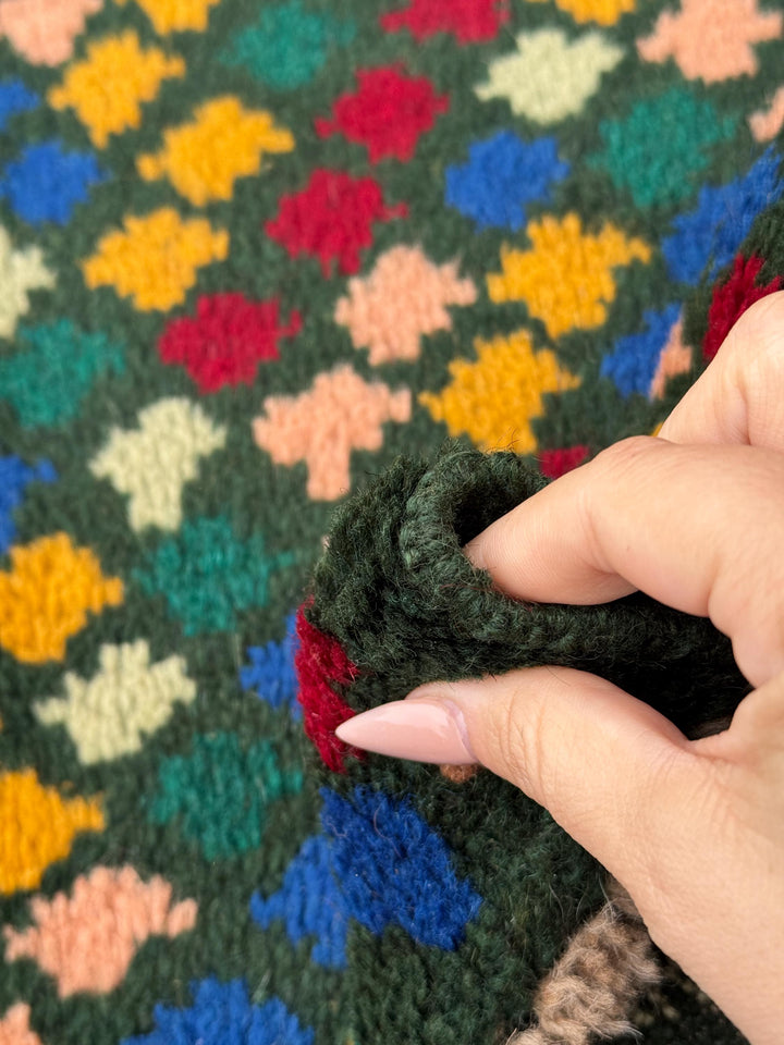 4x6 Handmade Vintage Afghan Baluch Rug | Pine Forest Mint Green Cream White Mustard Yellow Gold Navy Blue Salmon Pink Peach Brick Red | Wool