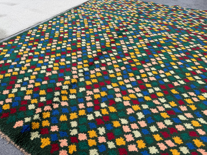 4x6 Handmade Vintage Afghan Baluch Rug | Pine Forest Mint Green Cream White Mustard Yellow Gold Navy Blue Salmon Pink Peach Brick Red | Wool