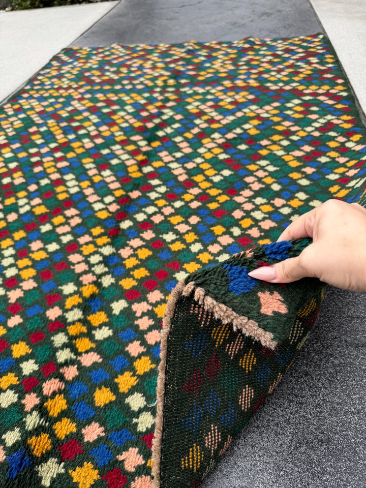 4x6 Handmade Vintage Afghan Baluch Rug | Pine Forest Mint Green Cream White Mustard Yellow Gold Navy Blue Salmon Pink Peach Brick Red | Wool