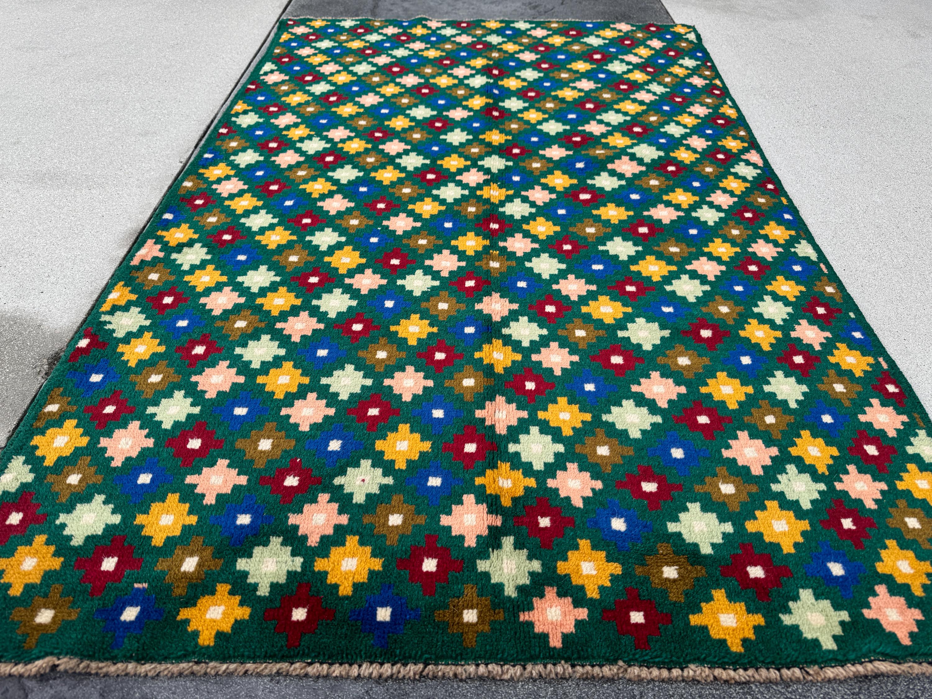 4x6 Handmade Vintage Afghan Baluch Rug | Forest Olive Mint Green Salmon Pink Peach Brick Red Navy Blue White Cream Mustard Yellow Gold