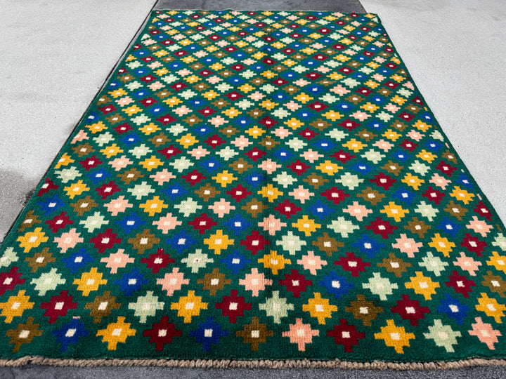 4x6 Handmade Vintage Afghan Baluch Rug | Forest Olive Mint Green Salmon Pink Peach Brick Red Navy Blue White Cream Mustard Yellow Gold