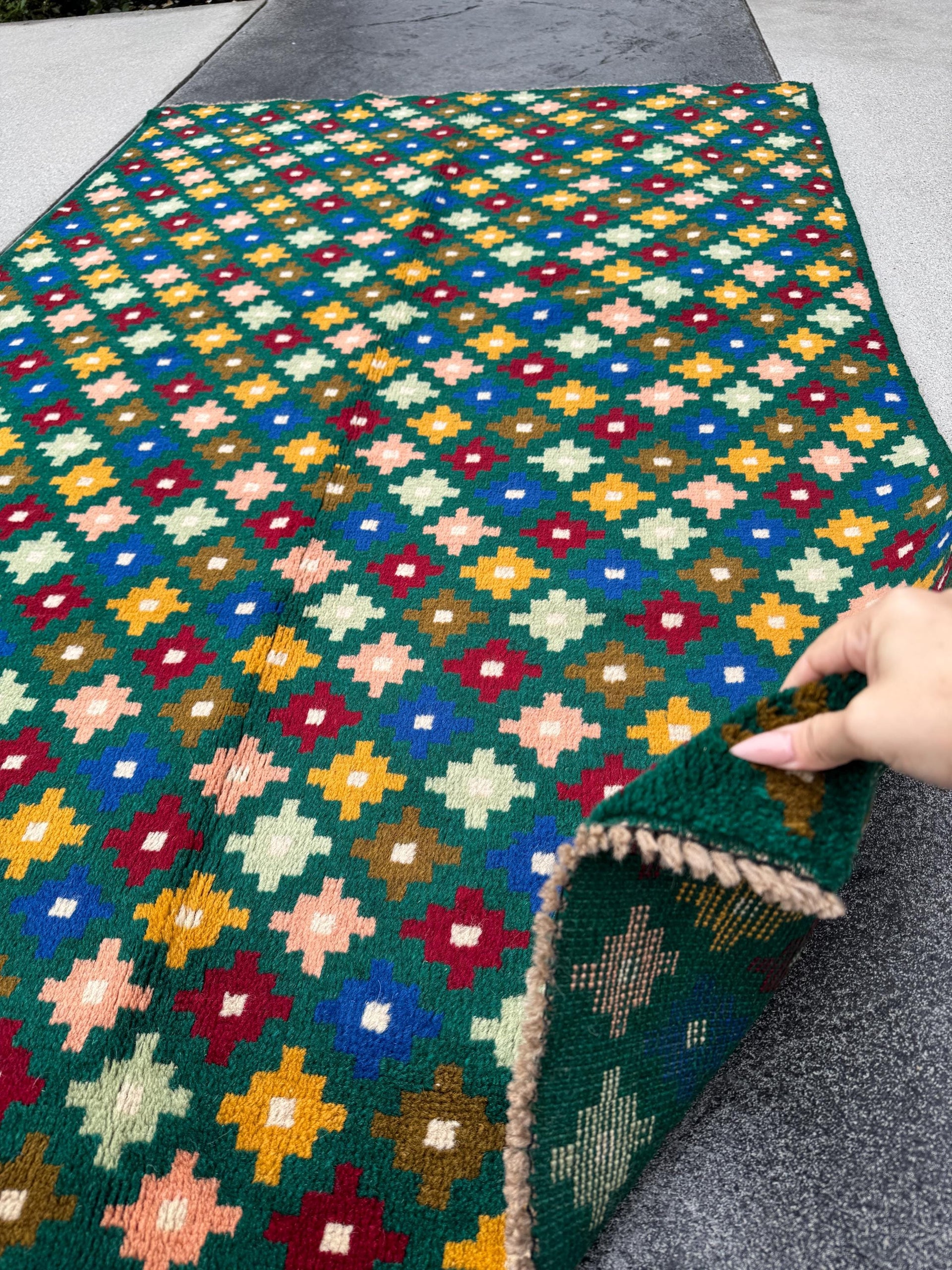4x6 Handmade Vintage Afghan Baluch Rug | Forest Olive Mint Green Salmon Pink Peach Brick Red Navy Blue White Cream Mustard Yellow Gold