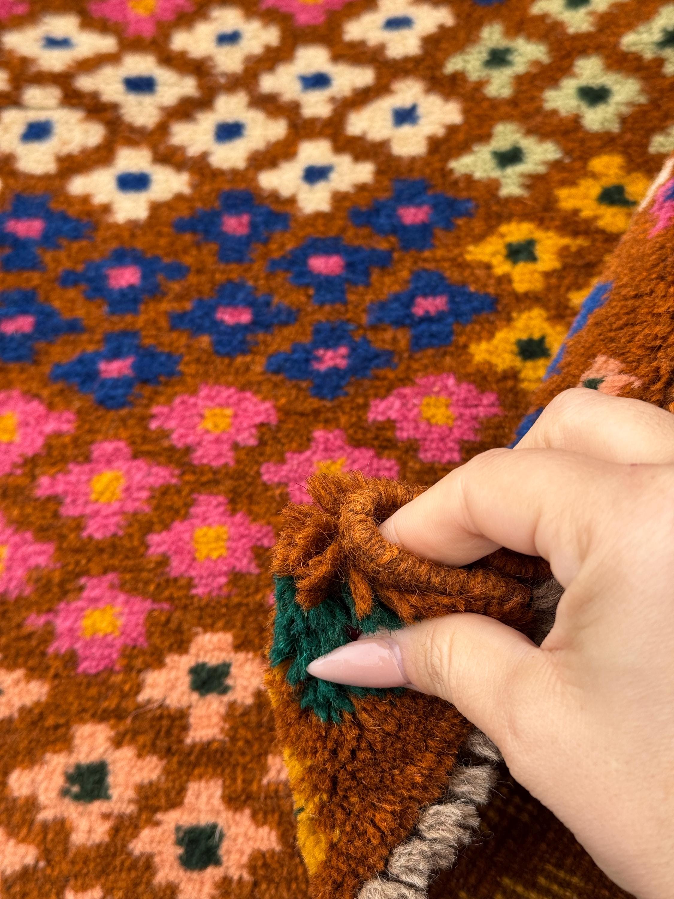 4x6 Handmade Vintage Afghan Baluch Rug | Chocolate Brown Cream White Rose Salmon Pink Peach Forest Mint Pine Green Mustard Gold Navy Blue