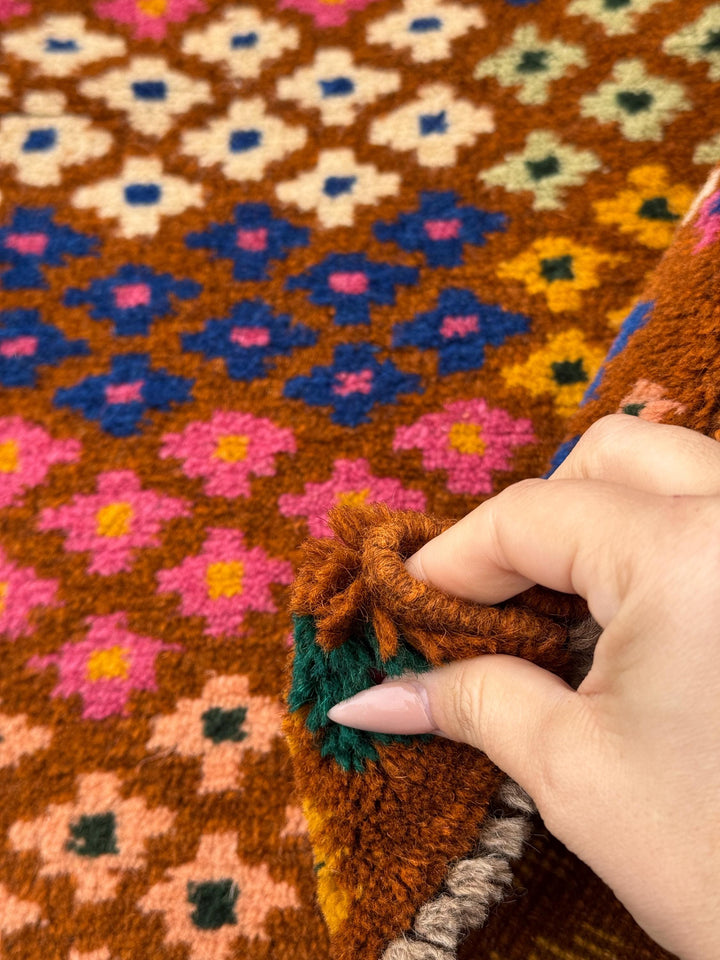 4x6 Handmade Vintage Afghan Baluch Rug | Chocolate Brown Cream White Rose Salmon Pink Peach Forest Mint Pine Green Mustard Gold Navy Blue