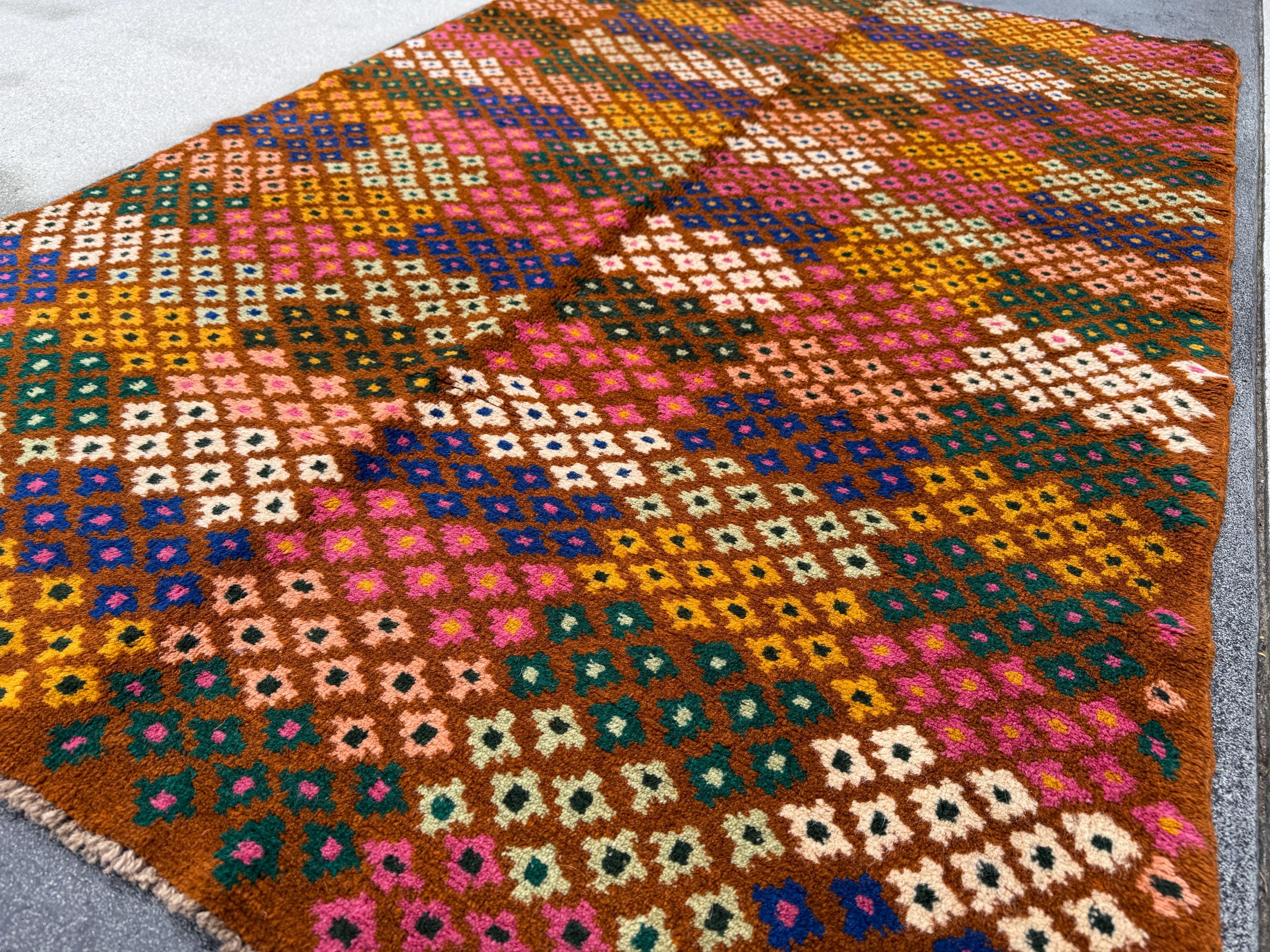4x6 Handmade Vintage Afghan Baluch Rug | Chocolate Brown Cream White Rose Salmon Pink Peach Forest Mint Pine Green Mustard Gold Navy Blue