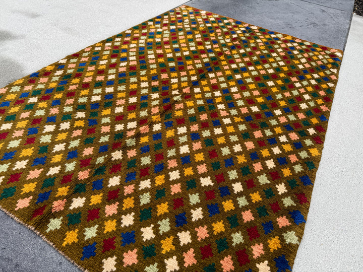 4x6 Handmade Vintage Afghan Baluch Rug | Chocolate Brown Forest Mint Green Brick Red Mustard Gold Navy Blue Cream White Salmon Pink Peach