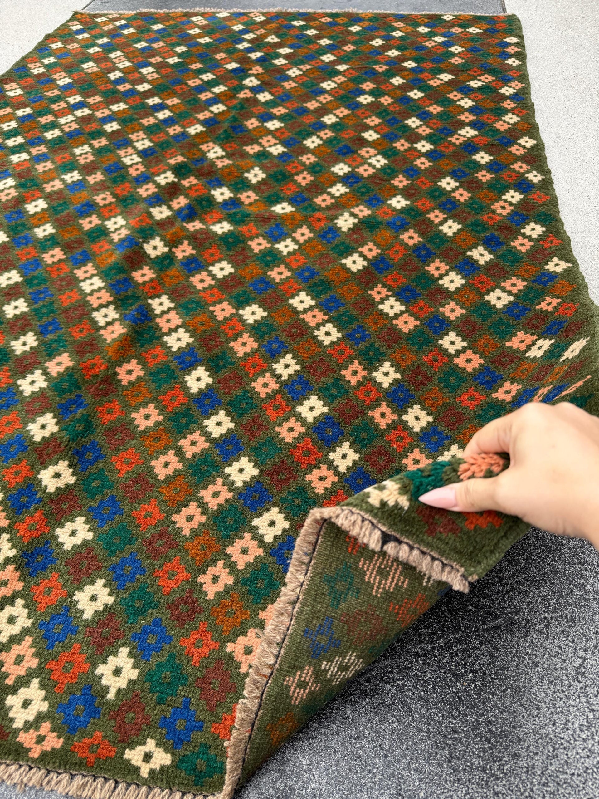 4x6 Handmade Vintage Afghan Baluch Rug | Moss Forest Green Cream White Salmon Pink Peach Chocolate Copper Brown Navy Blue Burnt Orange