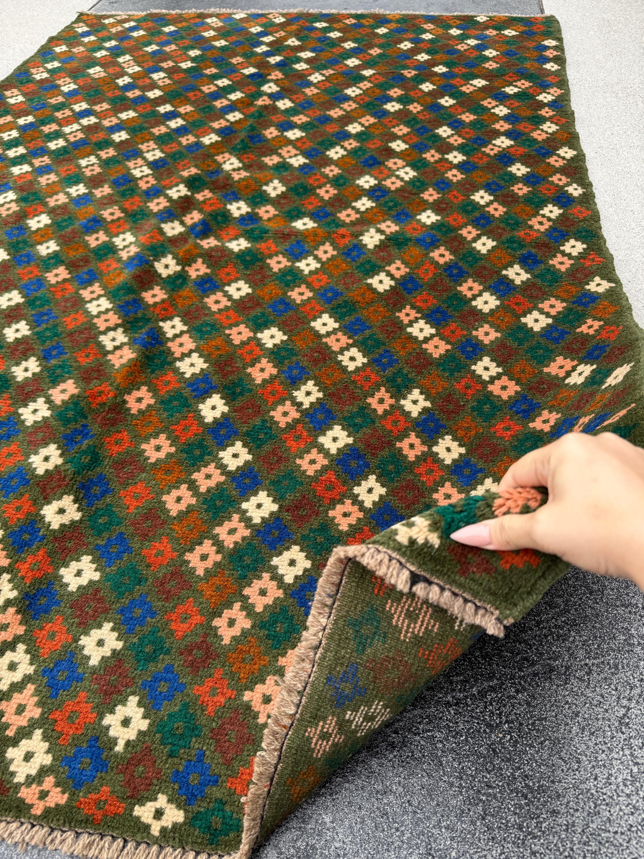 4x6 Handmade Vintage Afghan Baluch Rug | Moss Forest Green Cream White Salmon Pink Peach Chocolate Copper Brown Navy Blue Burnt Orange