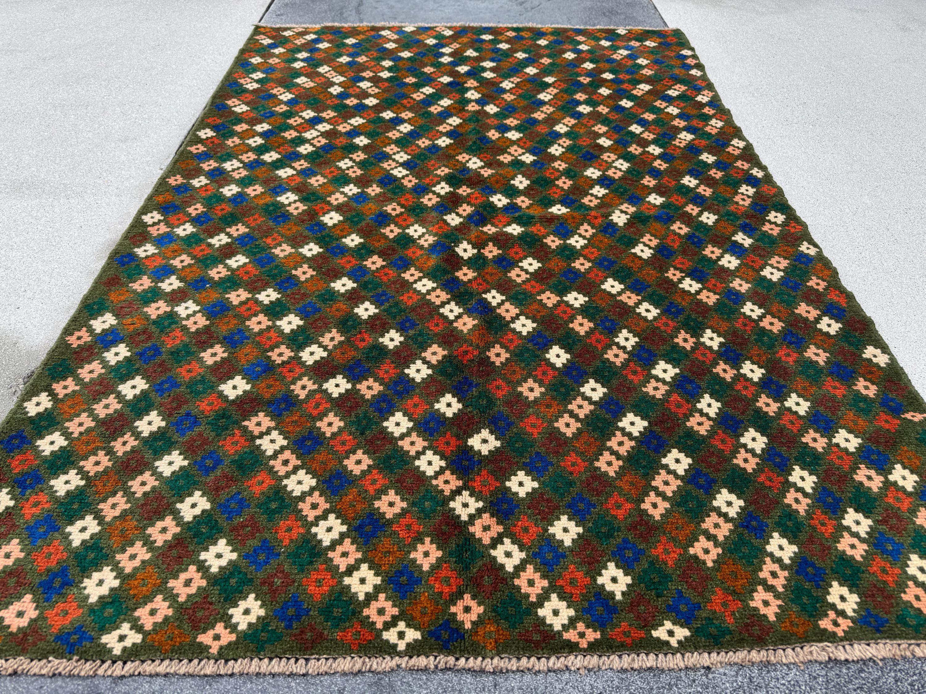 4x6 Handmade Vintage Afghan Baluch Rug | Moss Forest Green Cream White Salmon Pink Peach Chocolate Copper Brown Navy Blue Burnt Orange