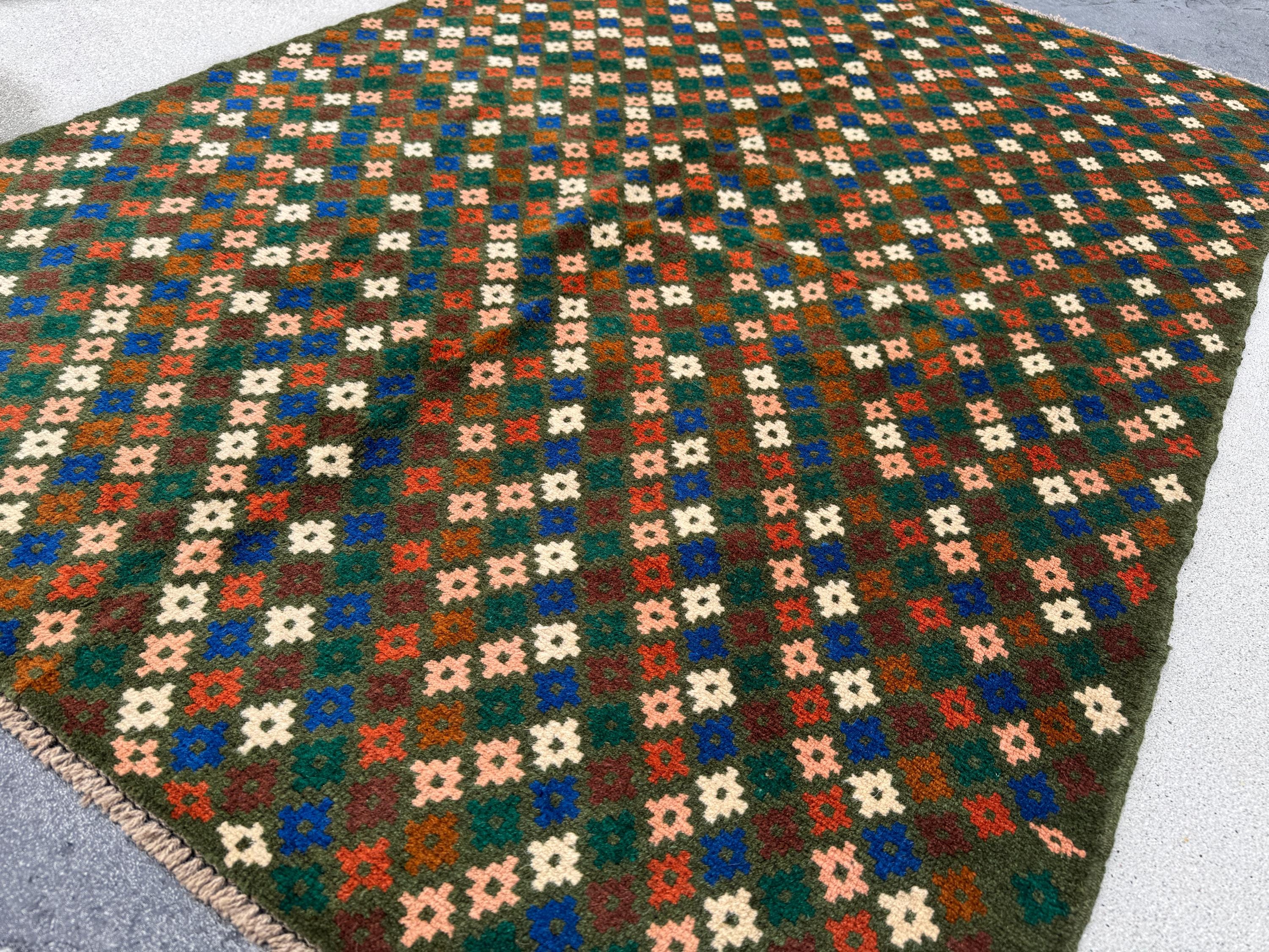 4x6 Handmade Vintage Afghan Baluch Rug | Moss Forest Green Cream White Salmon Pink Peach Chocolate Copper Brown Navy Blue Burnt Orange