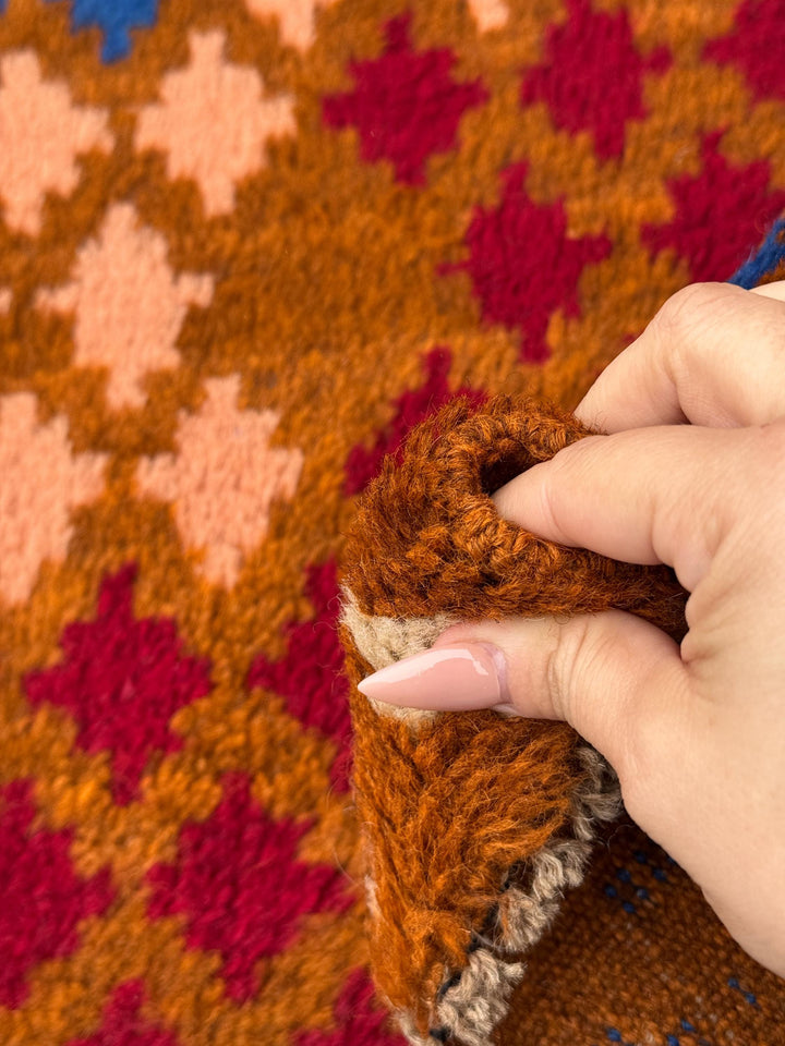 4x6 Handmade Vintage Afghan Baluch Rug | Chocolate Brown Navy Blue Salmon Pink Peach Forest Mint Green Brick Red Cream White | Flatwoven