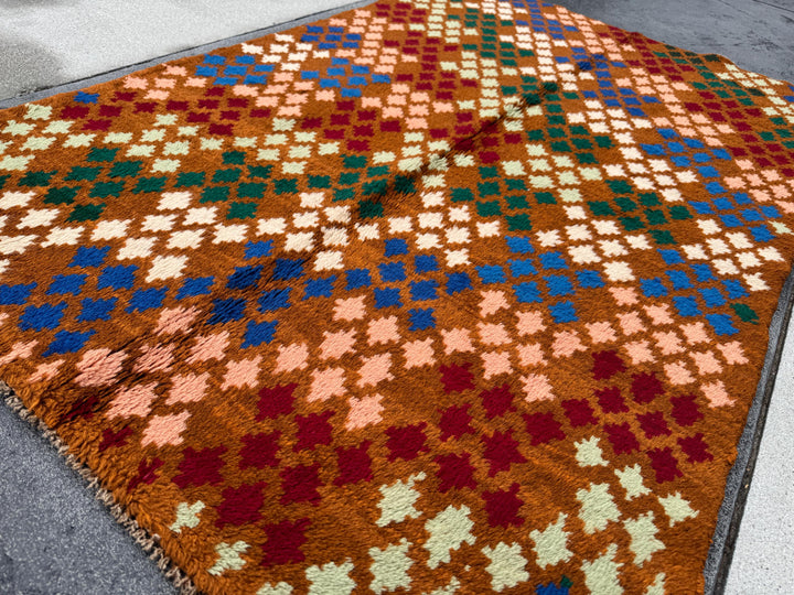 4x6 Handmade Vintage Afghan Baluch Rug | Chocolate Brown Navy Blue Salmon Pink Peach Forest Mint Green Brick Red Cream White | Flatwoven