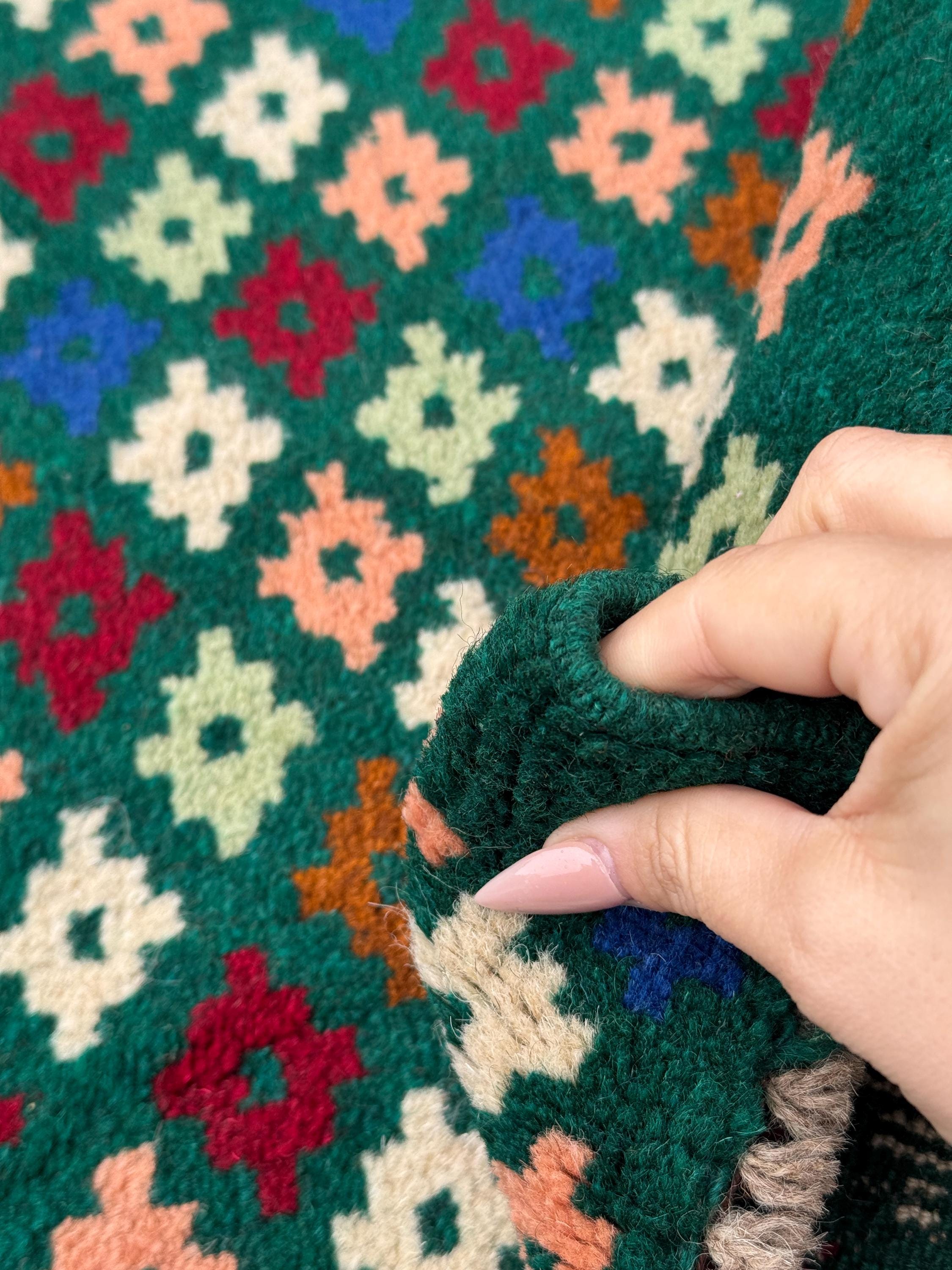 4x6 Handmade Vintage Afghan Baluch Rug | Forest Mint Green Cream White Navy Blue Chocolate Brown Brick Red Salmon Pink Peach | Flatwoven