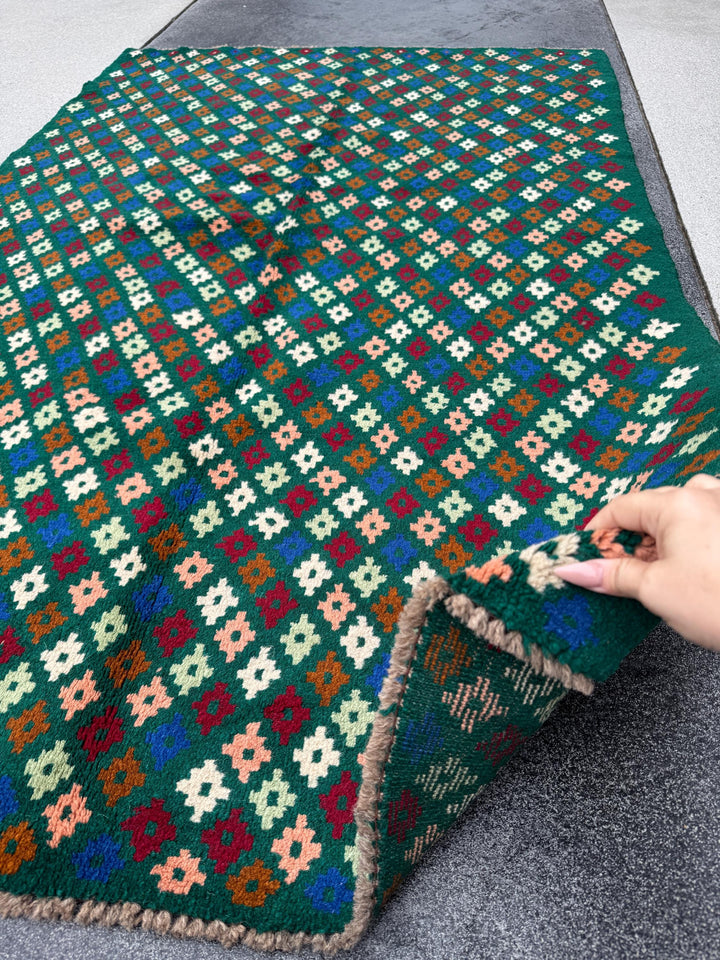 4x6 Handmade Vintage Afghan Baluch Rug | Forest Mint Green Cream White Navy Blue Chocolate Brown Brick Red Salmon Pink Peach | Flatwoven