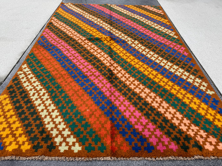 4x6 Handmade Vintage Afghan Baluch Rug | Chocolate Brown Navy Blue Forest Mint Green Rose Salmon Pink Peach Burnt Orange Mustard Gold | Wool