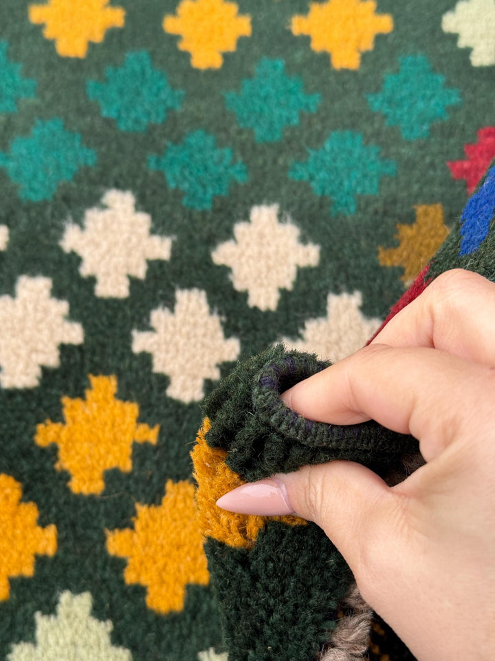 4x6 Handmade Vintage Afghan Baluch Rug | Pine Forest Mint Olive Green Cream White Mustard Yellow Gold Navy Blue Brick Red | Wool Flatwoven