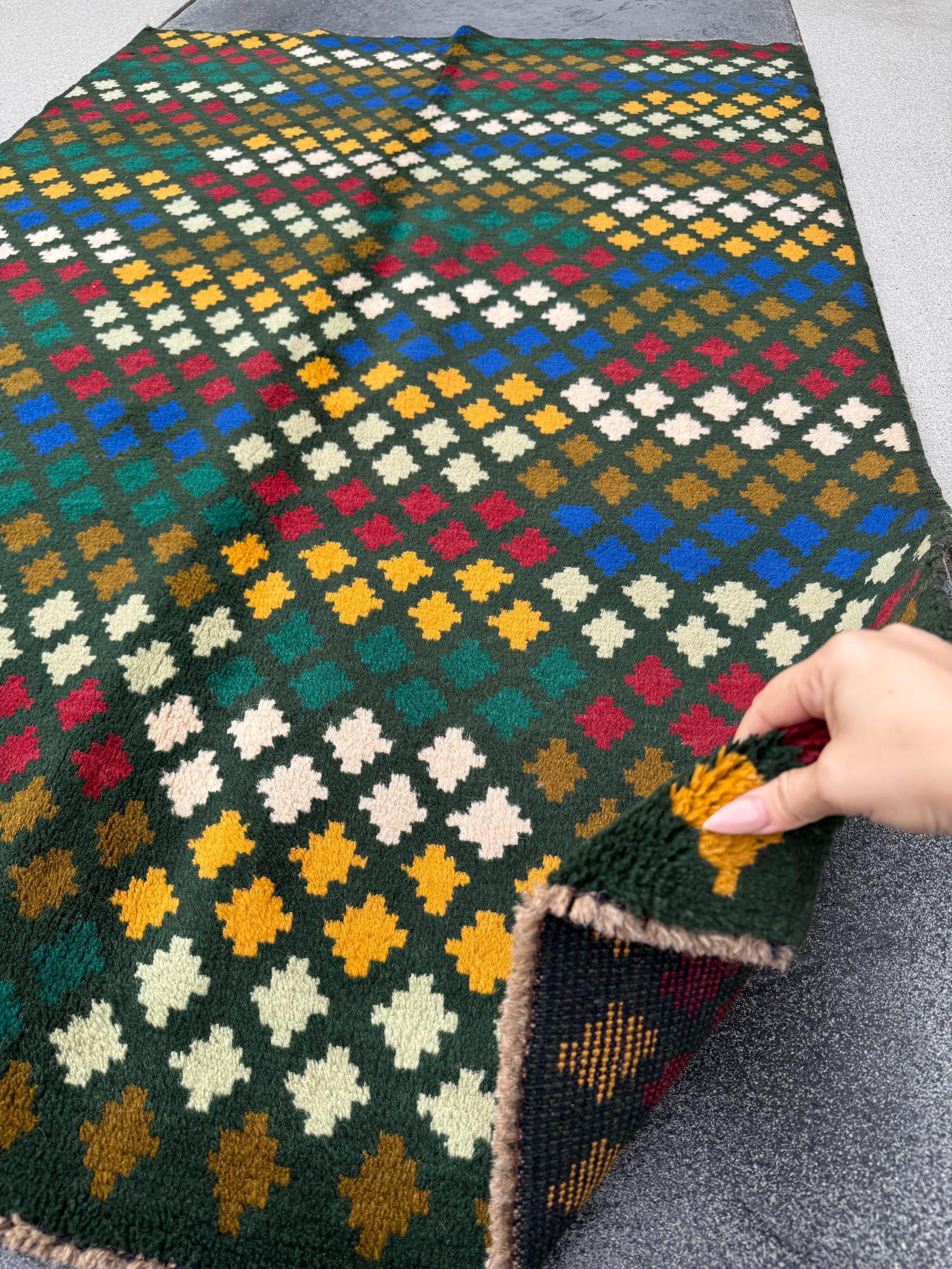 4x6 Handmade Vintage Afghan Baluch Rug | Pine Forest Mint Olive Green Cream White Mustard Yellow Gold Navy Blue Brick Red | Wool Flatwoven