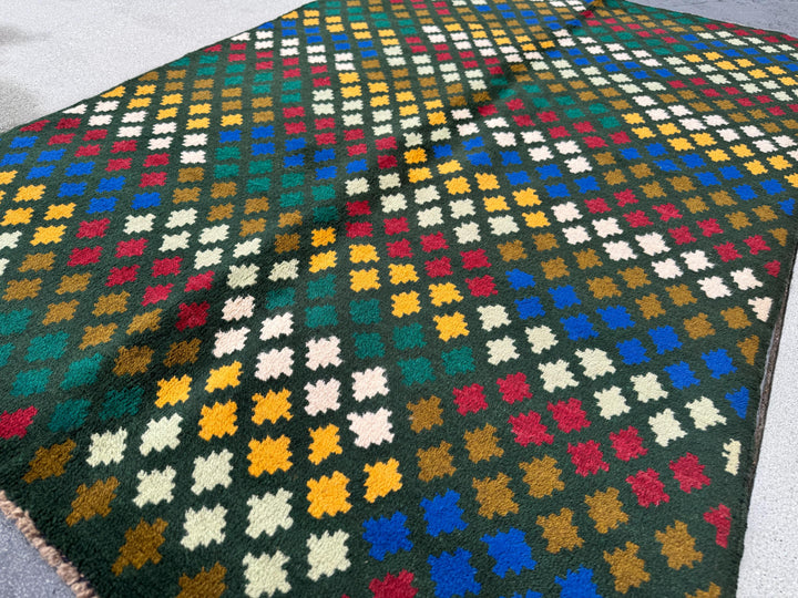 4x6 Handmade Vintage Afghan Baluch Rug | Pine Forest Mint Olive Green Cream White Mustard Yellow Gold Navy Blue Brick Red | Wool Flatwoven