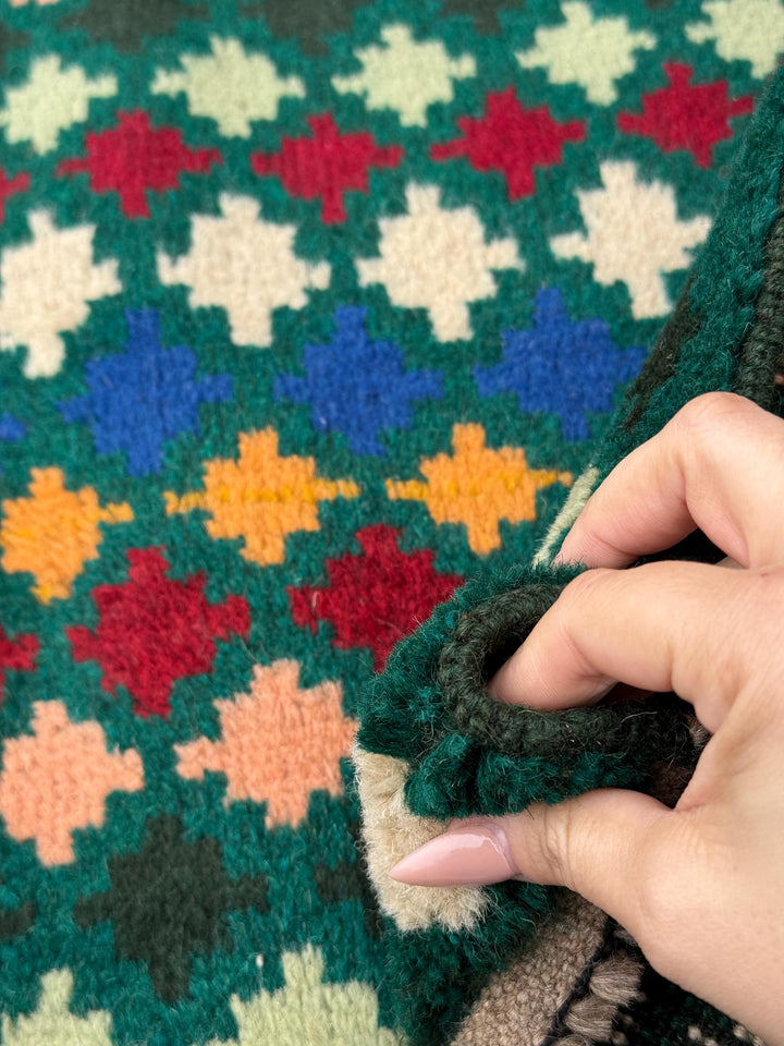 4x6 Handmade Vintage Afghan Baluch Rug | Forest Pine Mint Green Black Cream White Brick Red Mustard Yellow Gold Navy Blue Salmon Pink Peach