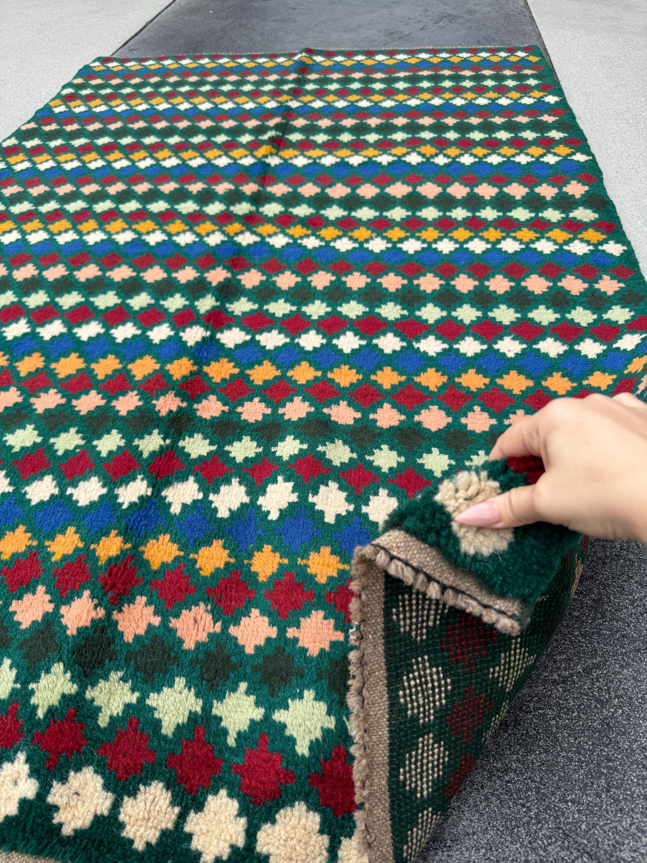 4x6 Handmade Vintage Afghan Baluch Rug | Forest Pine Mint Green Black Cream White Brick Red Mustard Yellow Gold Navy Blue Salmon Pink Peach