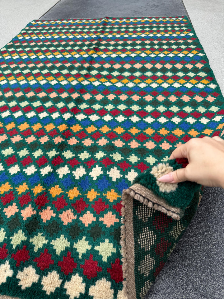 4x6 Handmade Vintage Afghan Baluch Rug | Forest Pine Mint Green Black Cream White Brick Red Mustard Yellow Gold Navy Blue Salmon Pink Peach
