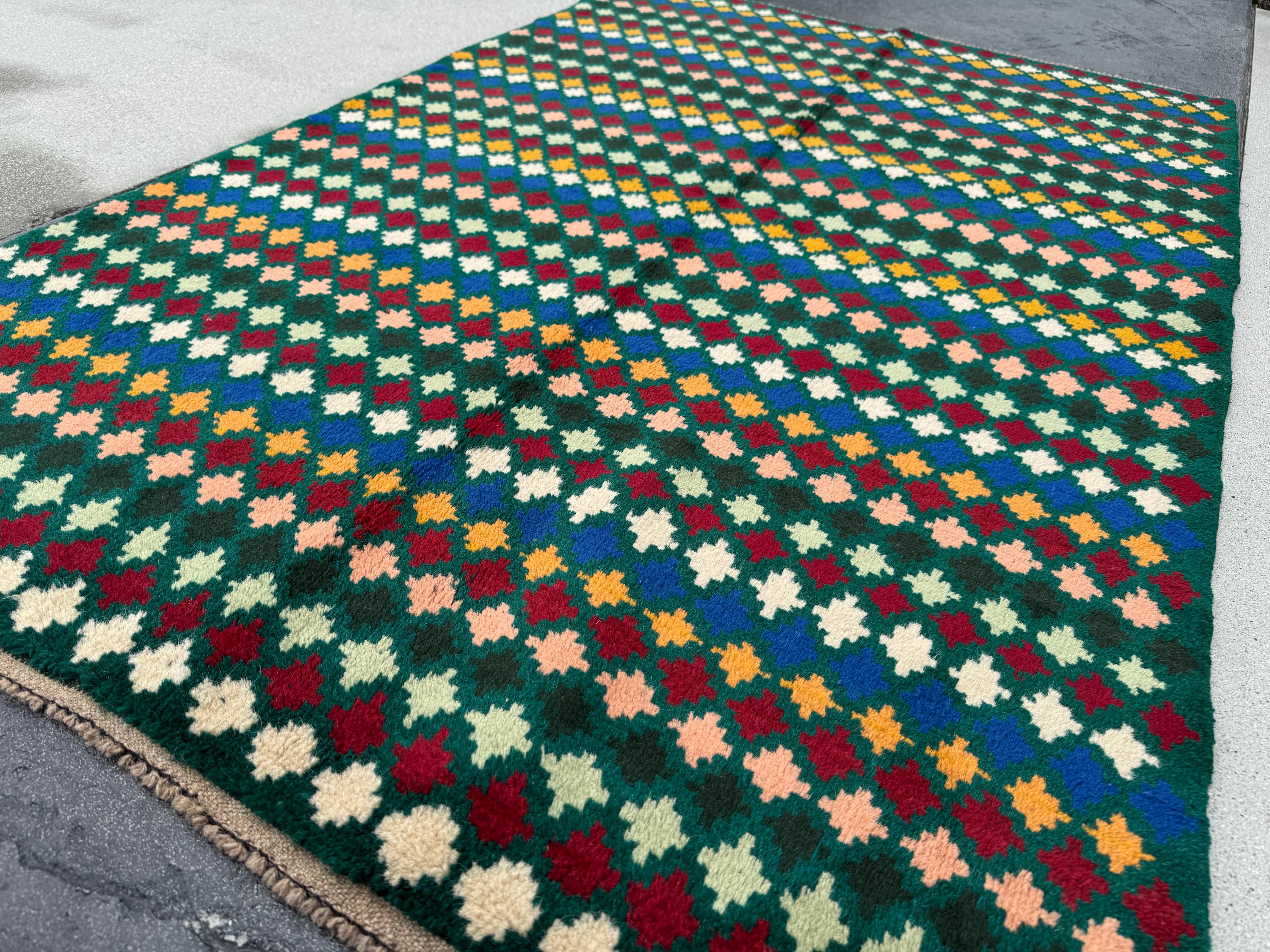 4x6 Handmade Vintage Afghan Baluch Rug | Forest Pine Mint Green Black Cream White Brick Red Mustard Yellow Gold Navy Blue Salmon Pink Peach
