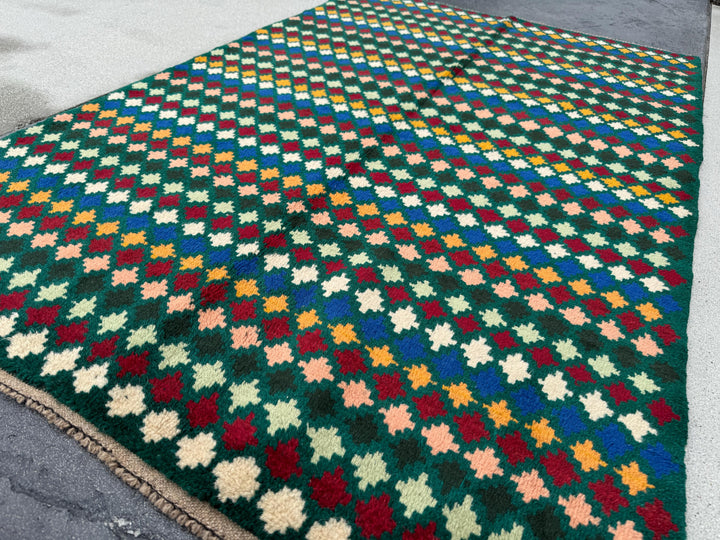 4x6 Handmade Vintage Afghan Baluch Rug | Forest Pine Mint Green Black Cream White Brick Red Mustard Yellow Gold Navy Blue Salmon Pink Peach