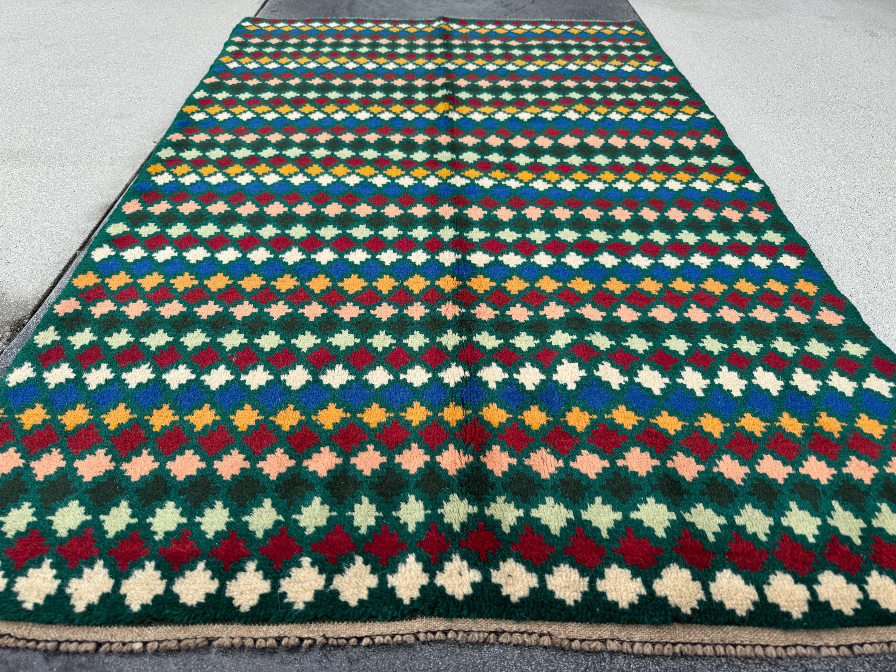 4x6 Handmade Vintage Afghan Baluch Rug | Forest Pine Mint Green Black Cream White Brick Red Mustard Yellow Gold Navy Blue Salmon Pink Peach