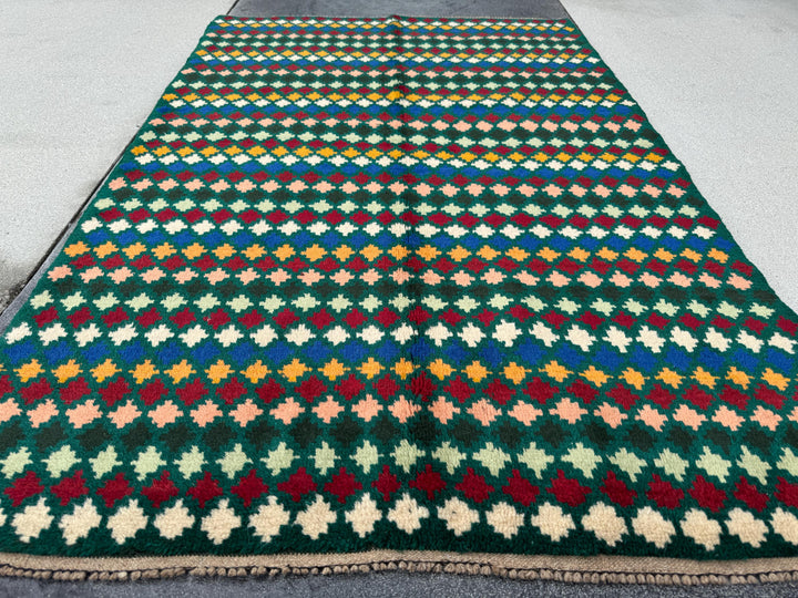 4x6 Handmade Vintage Afghan Baluch Rug | Forest Pine Mint Green Black Cream White Brick Red Mustard Yellow Gold Navy Blue Salmon Pink Peach