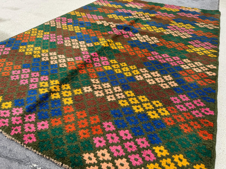 4x6 Handmade Vintage Afghan Baluch Rug | Charcoal Grey Rose Salmon Pink Peach Mustard Yellow Gold Navy Blue Forest Burnt Orange Chocolate