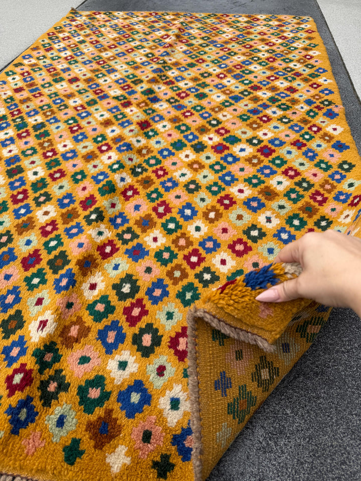 4x6 Handmade Vintage Afghan Baluch Rug | Mustard Gold Forest Mint Green Cream White Navy Blue Chocolate Salmon Pink Peach Black Brick Red