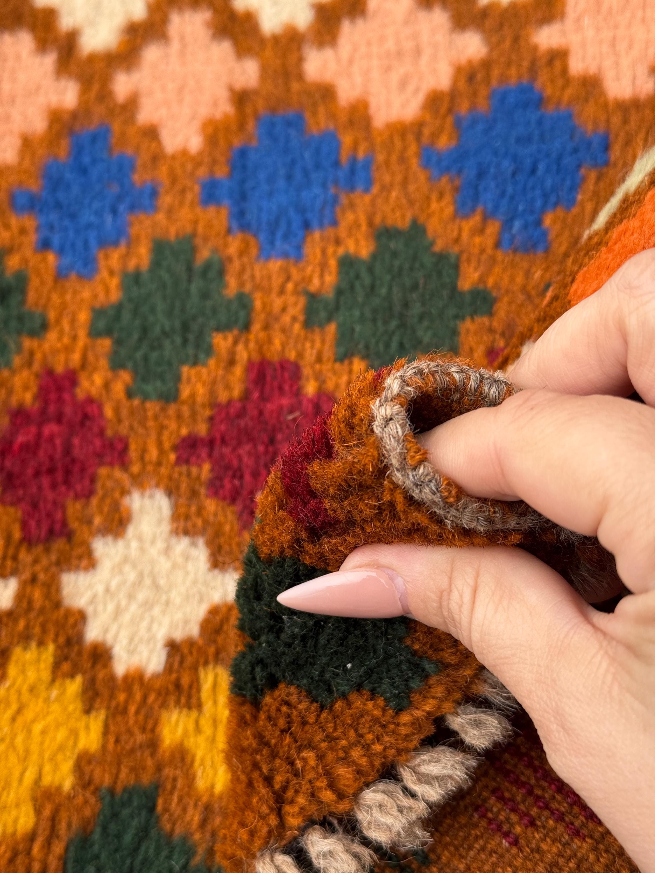 4x7 Handmade Vintage Afghan Baluch Rug | Chocolate BRown Burnt Orange Mustard Yellow Maroon Forest Green Navy Blue Cream Peach Rust Red