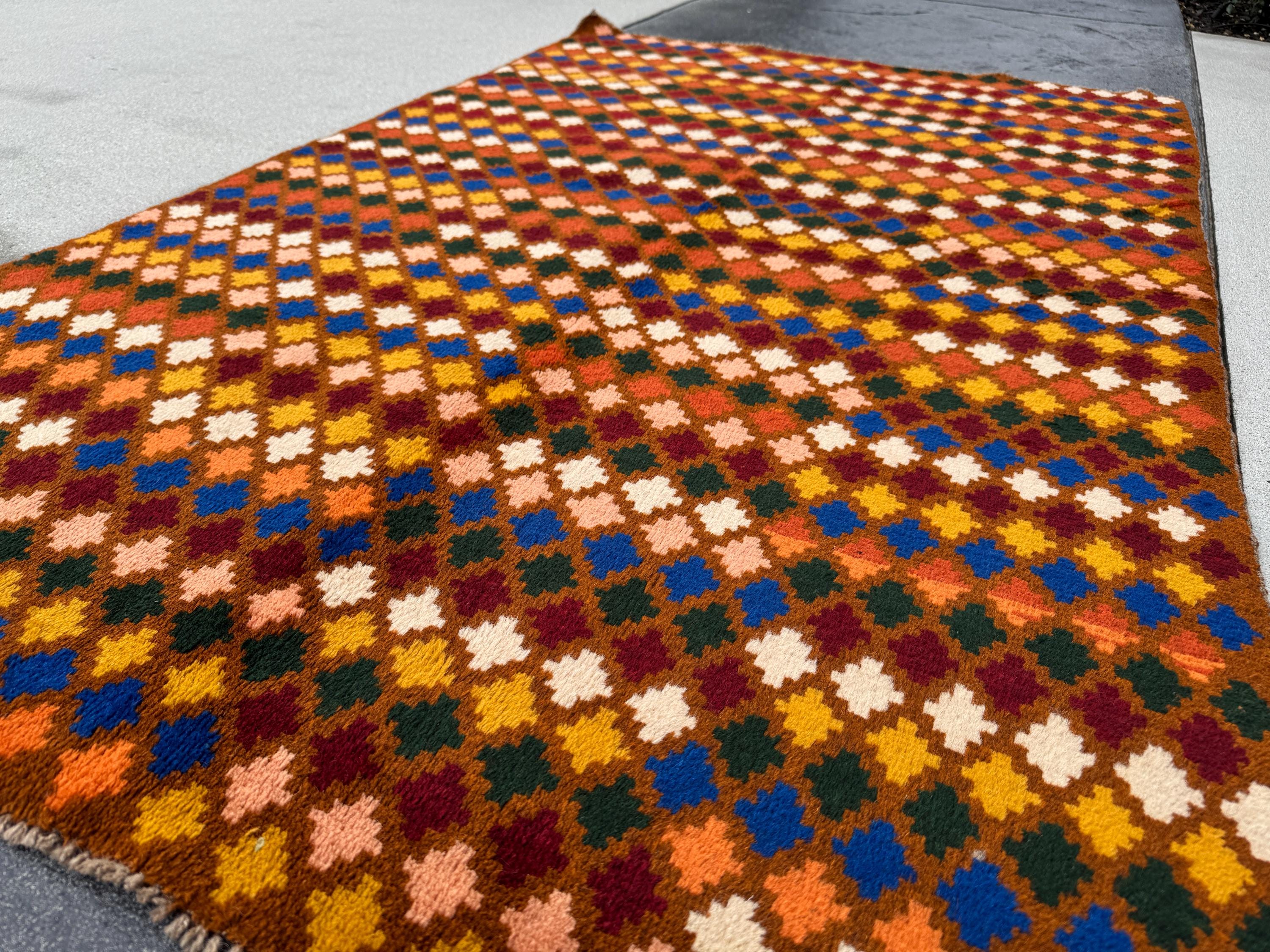 4x7 Handmade Vintage Afghan Baluch Rug | Chocolate BRown Burnt Orange Mustard Yellow Maroon Forest Green Navy Blue Cream Peach Rust Red