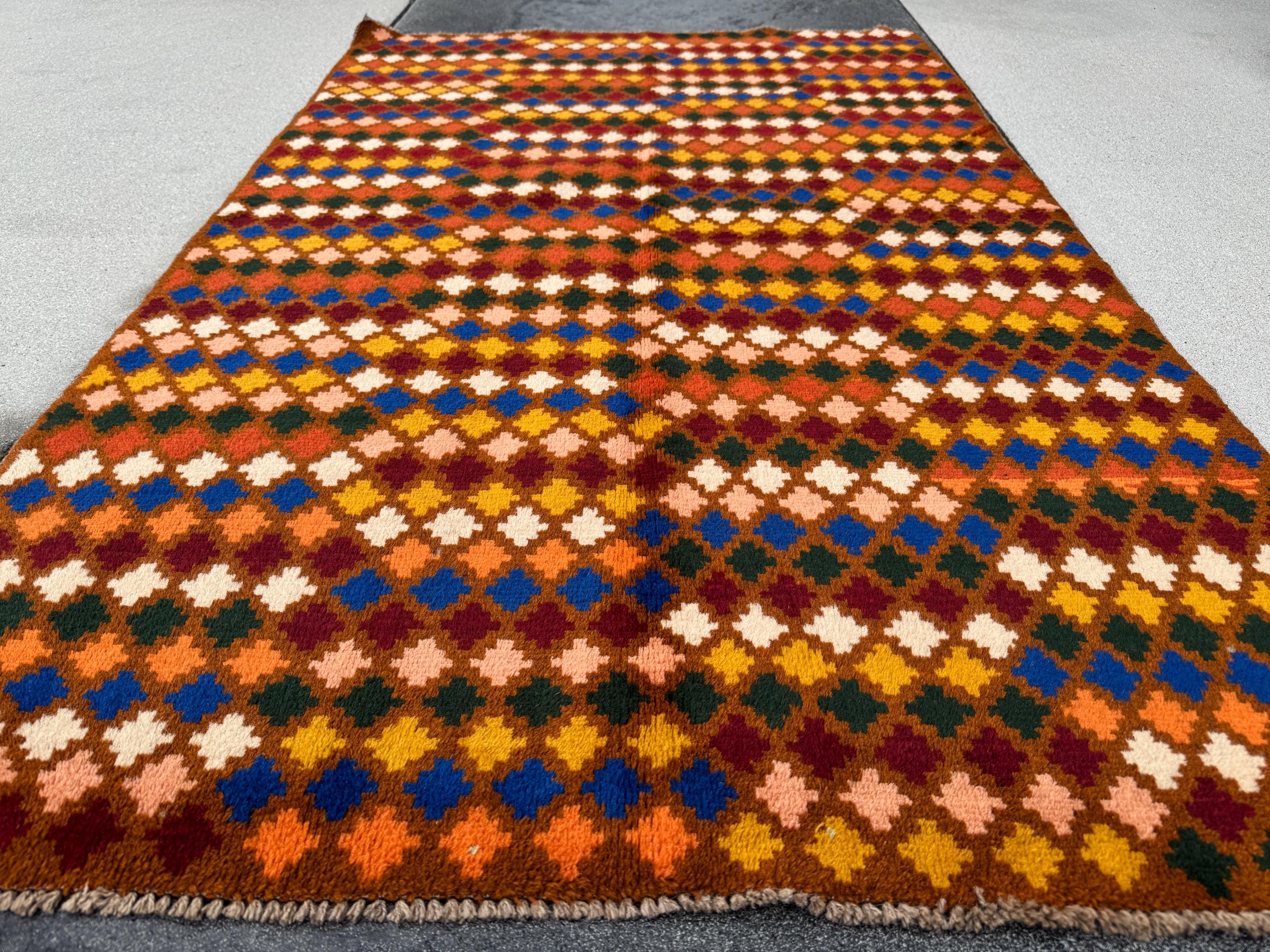 4x7 Handmade Vintage Afghan Baluch Rug | Chocolate BRown Burnt Orange Mustard Yellow Maroon Forest Green Navy Blue Cream Peach Rust Red