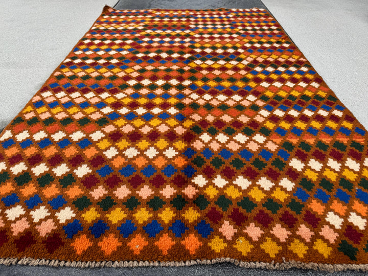 4x7 Handmade Vintage Afghan Baluch Rug | Chocolate BRown Burnt Orange Mustard Yellow Maroon Forest Green Navy Blue Cream Peach Rust Red