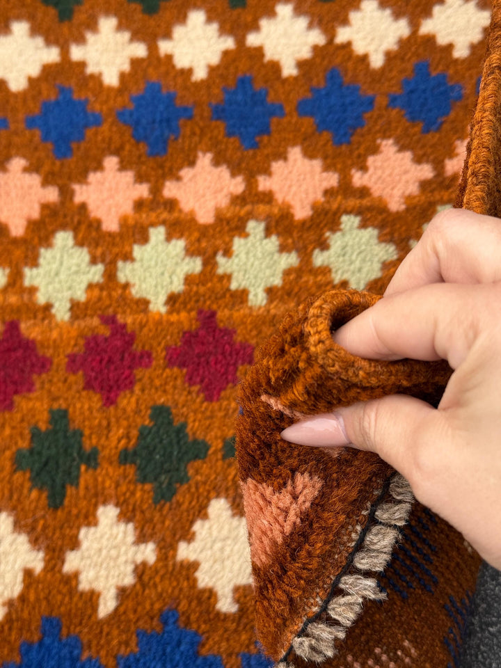 4x6 Handmade Vintage Afghan Baluch Rug | Copper Brown Cream White Forest Green Maroon Navy Blue Mustard Yellow Peach | Wool Flatwoven