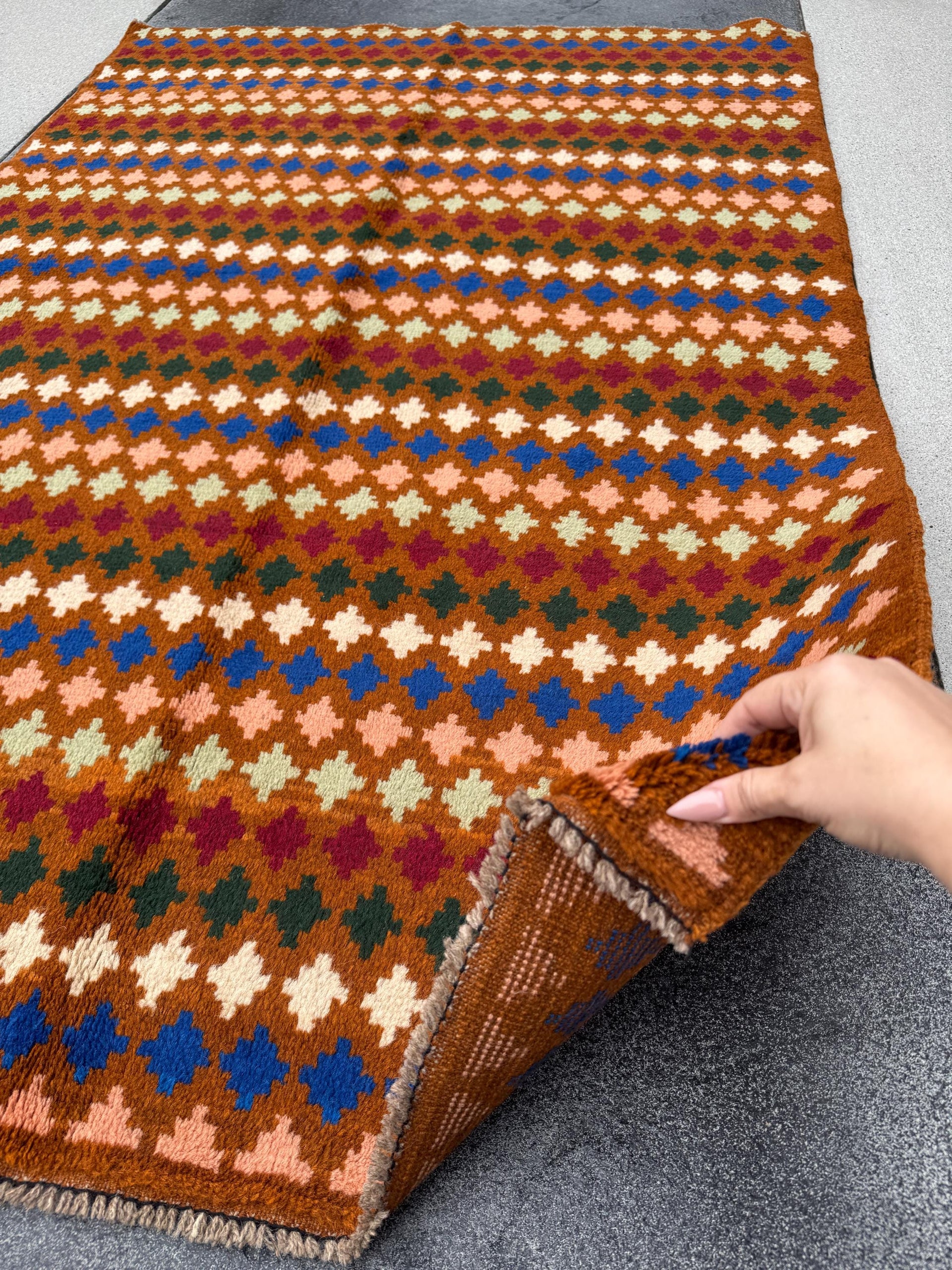 4x6 Handmade Vintage Afghan Baluch Rug | Copper Brown Cream White Forest Green Maroon Navy Blue Mustard Yellow Peach | Wool Flatwoven