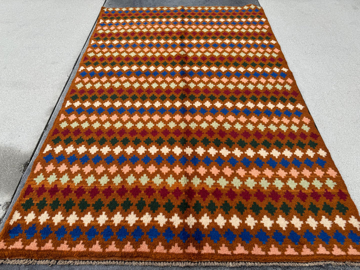 4x6 Handmade Vintage Afghan Baluch Rug | Copper Brown Cream White Forest Green Maroon Navy Blue Mustard Yellow Peach | Wool Flatwoven