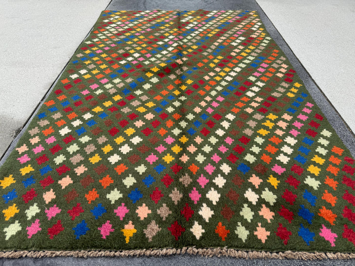 4x6 Handmade Vintage Afghan Baluch Rug | Olive Green Rust Red Burnt Orange Mustard Yellow Cream White Navy Blue Pink Peach | Wool Flatwoven