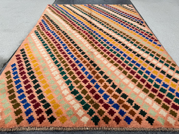 4x6 Handmade Vintage Afghan Baluch Rug | Peach Salmon Mustard Yellow Olive Green Navy Blue Rust Red Cream White Maroon | Wool Flatwoven