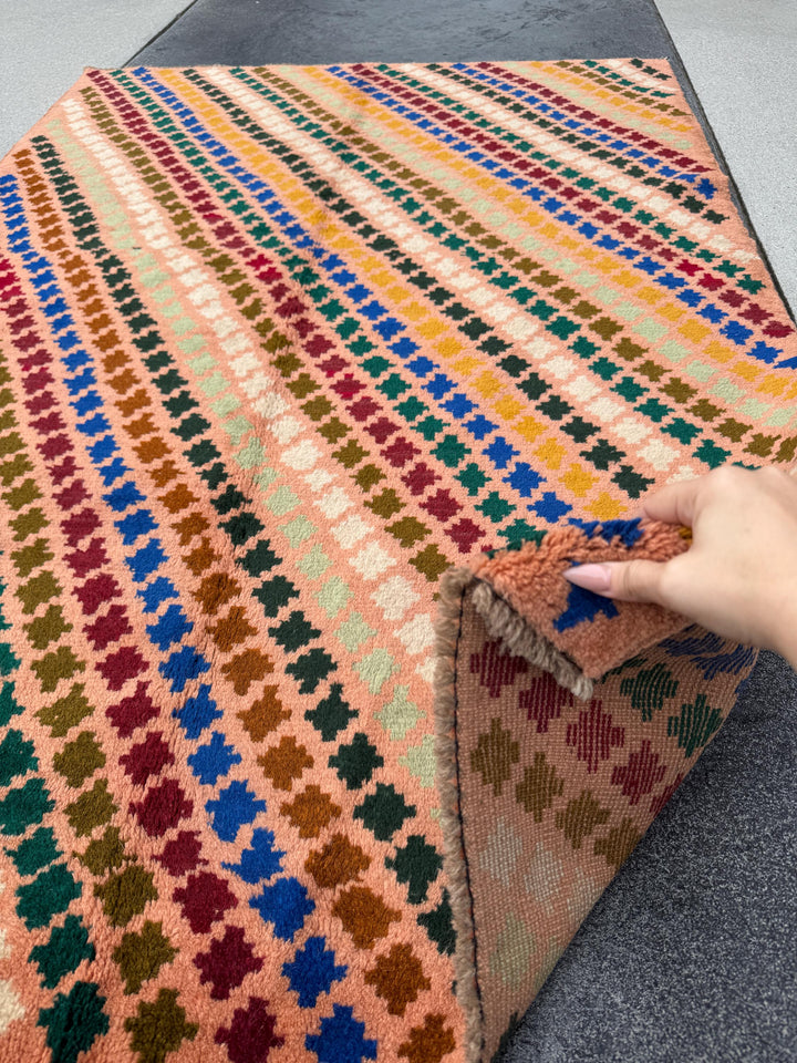 4x6 Handmade Vintage Afghan Baluch Rug | Peach Salmon Mustard Yellow Olive Green Navy Blue Rust Red Cream White Maroon | Wool Flatwoven