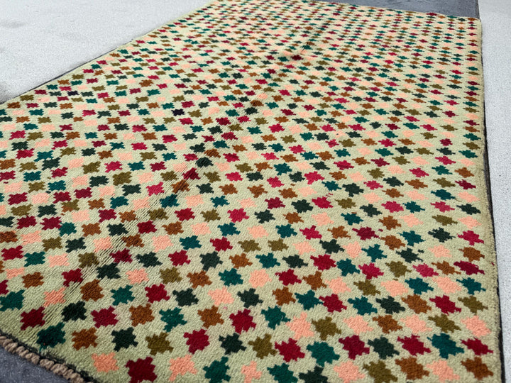 4x6 Handmade Vintage Afghan Baluch Rug | Mint Olive Green Cream Rust Red Burnt Orange Teal Aqua Blue Mustard Yellow | Wool Flatwoven