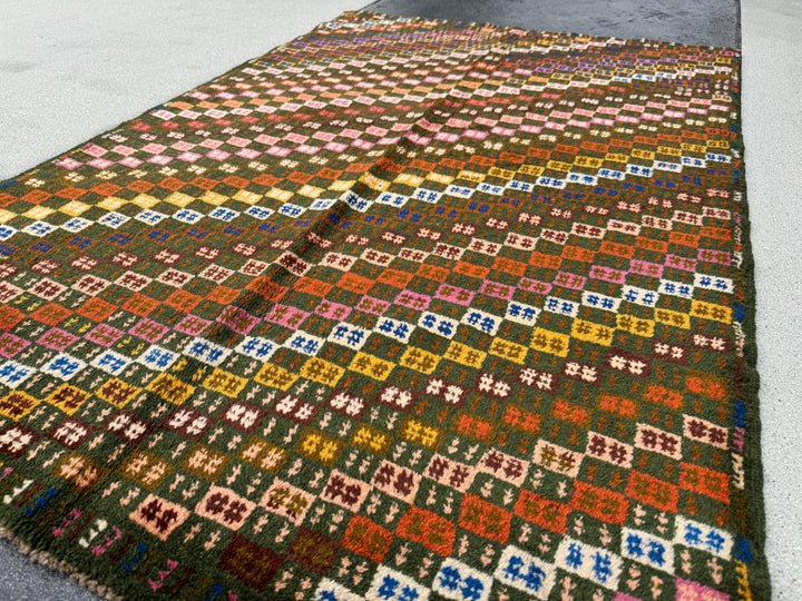 4x6 Handmade Green and Multicolor Wool Rug | Vintage Afghan Baluch Small Area Carpet