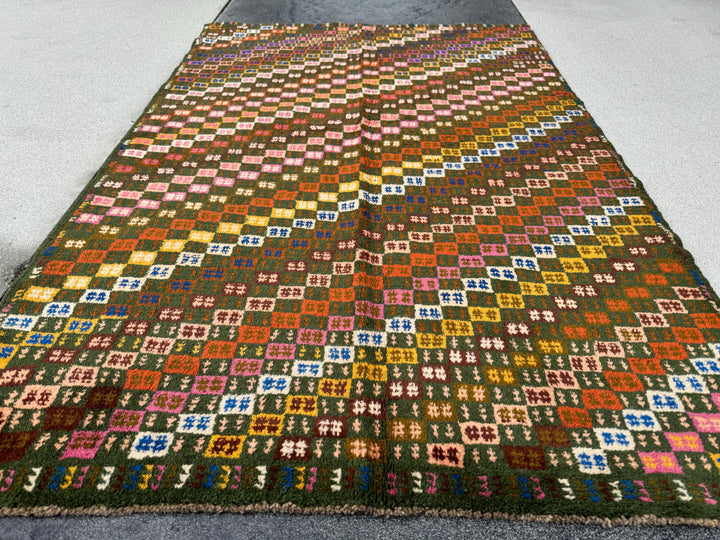 4x6 Handmade Green and Multicolor Wool Rug | Vintage Afghan Baluch Small Area Carpet