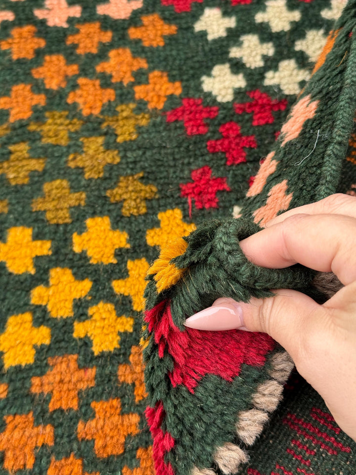 4x6 Handmade Vintage Afghan Baluch Rug | Forest Green Rust Red Burnt Orange Mustard Yellow Cream White Olive Green Peach | Wool Flatwoven