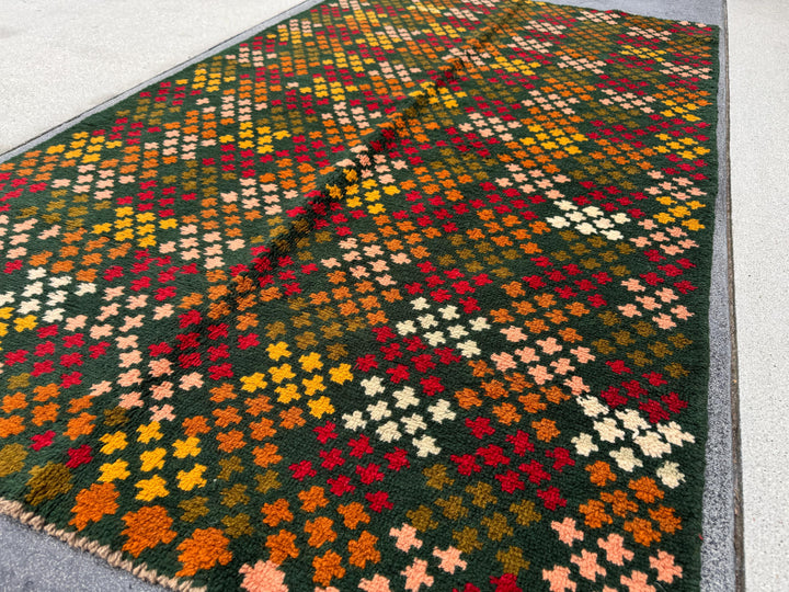 4x6 Handmade Vintage Afghan Baluch Rug | Forest Green Rust Red Burnt Orange Mustard Yellow Cream White Olive Green Peach | Wool Flatwoven