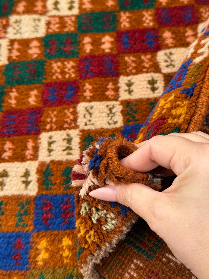 4x6 Handmade Vintage Afghan Baluch Rug | Copper Brown Rust Red Cream Mustard Yellow Olive Mint Green Navy Blue Maroon Peach | Wool Flatwoven