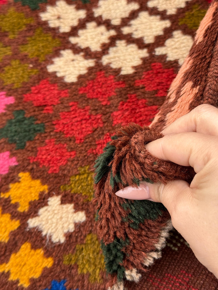 4x6 Handmade Vintage Afghan Baluch Rug | Chocolate Brown Rust Red Cream White Mustard Yellow Olive Green Pink Blue Peach | Wool Flatwoven
