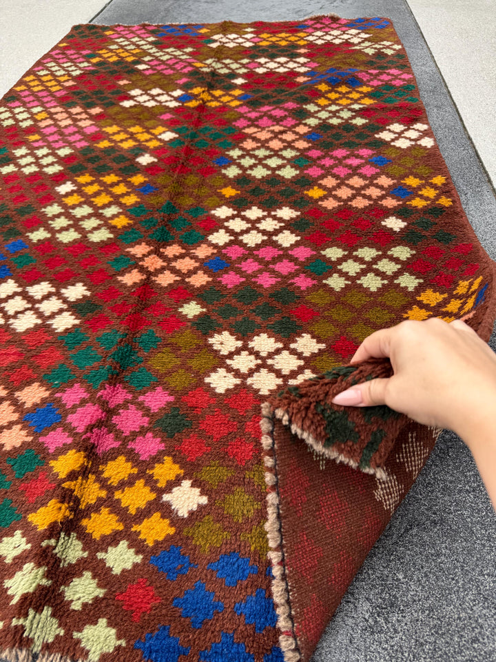 4x6 Handmade Vintage Afghan Baluch Rug | Chocolate Brown Rust Red Cream White Mustard Yellow Olive Green Pink Blue Peach | Wool Flatwoven