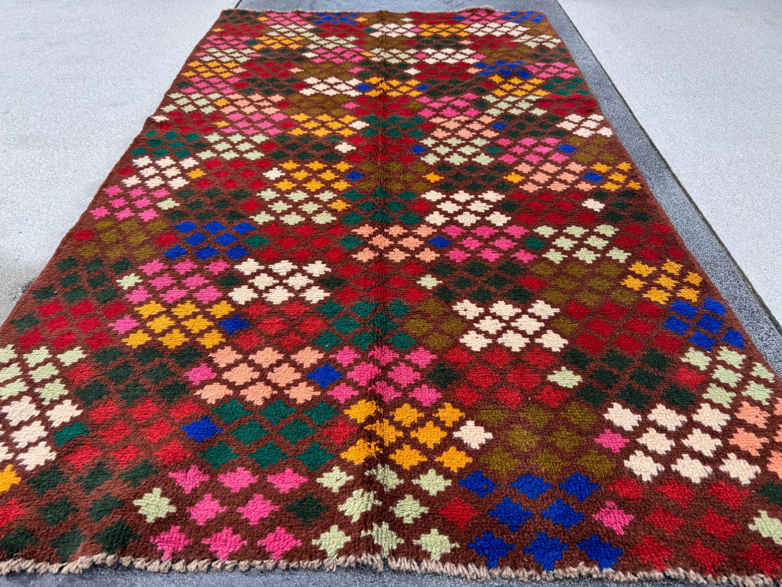 4x6 Handmade Vintage Afghan Baluch Rug | Chocolate Brown Rust Red Cream White Mustard Yellow Olive Green Pink Blue Peach | Wool Flatwoven